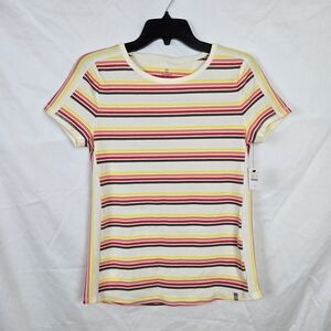 T by Talbots Women's Ribbed Ivory Multi Outing Stripe Short Sleeve Tee Small NEW